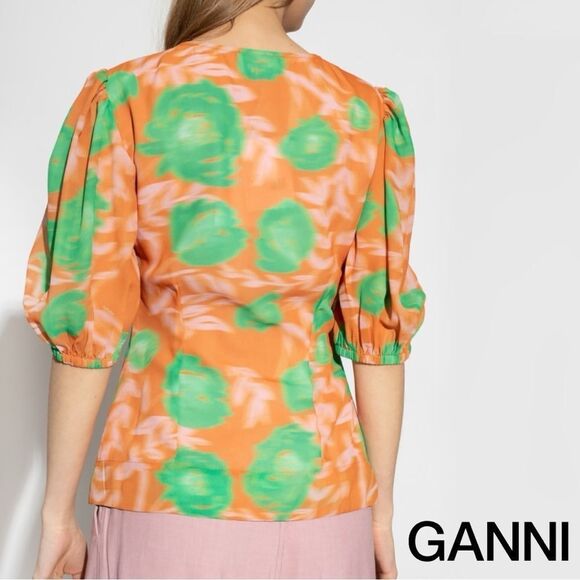GANNI **NWT** Button-Up Puff Sleeve Crepe Blouse Vibrant Orange / Green Floral - Picture 2 of 16